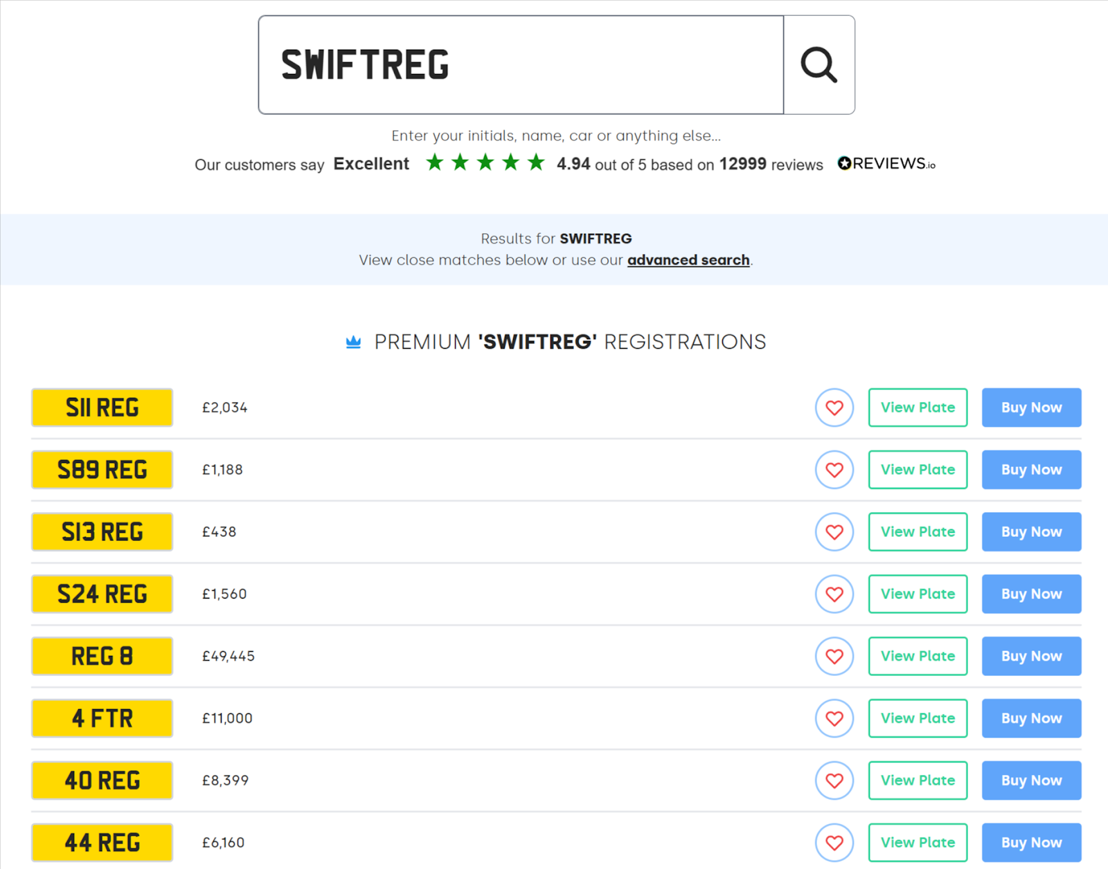 Premium registration search results example
